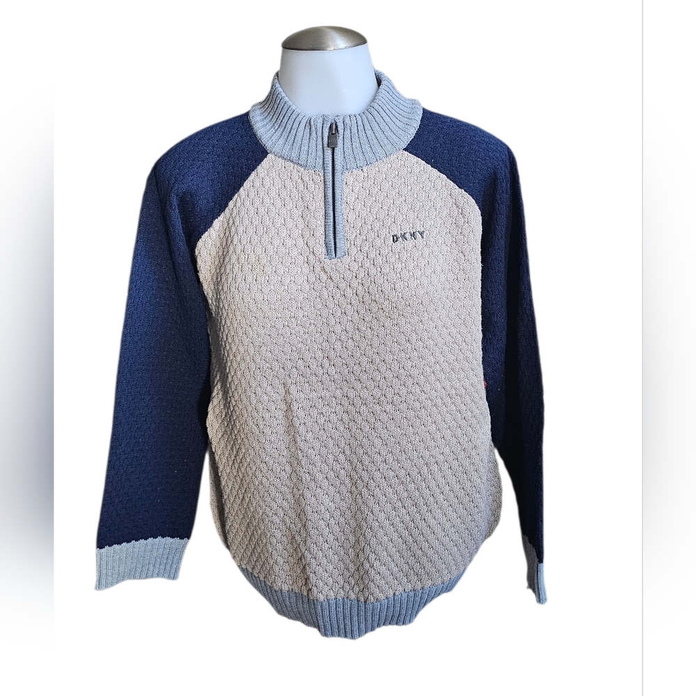 DKNY Zip-Up Sweater in Navy and Beige